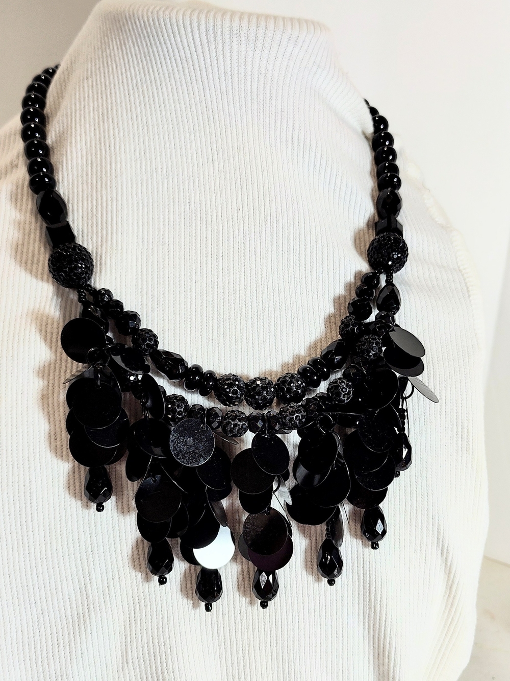 Black Beaded Sequin Fringe Statement Necklace - Women Jewelry